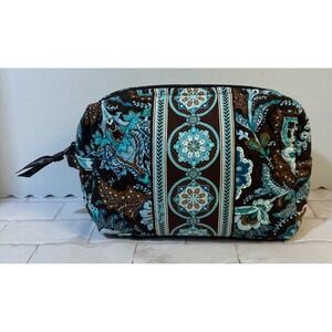 Vera Bradley Quilted Cotton Cosmetic Bag Blue Brown Paisley Floral Makeup Pouch
